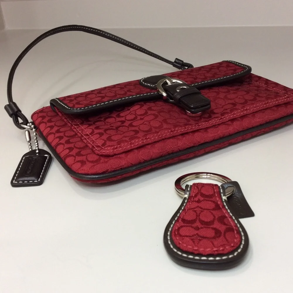 ✨ Coach Vintage Y2K Wristlet Red Brown Leather Trim Pouch Authentic Key Fob Set
